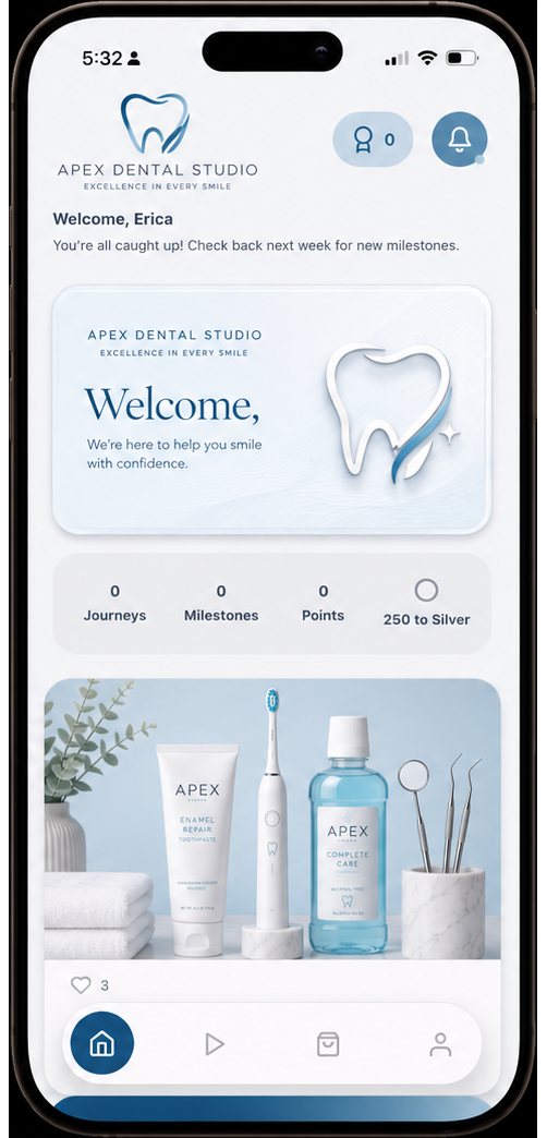 Apex Dental Studio patient app displayed on an iPhone